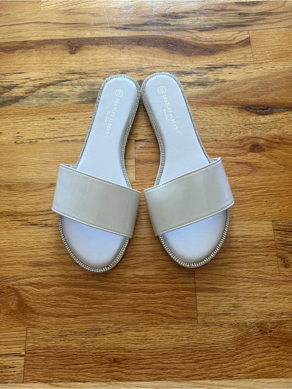 Charles Albert White  Slide Sandals with Rhinestone Edge